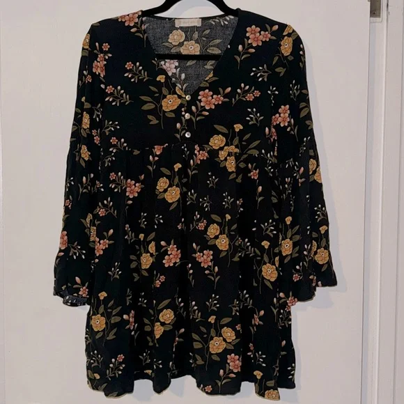 ALTAR’D STATE YELLOW FLORAL BLACK DRESS 🌼 Long Flare Sleeves and Empire Waist - Picture 1 of 10